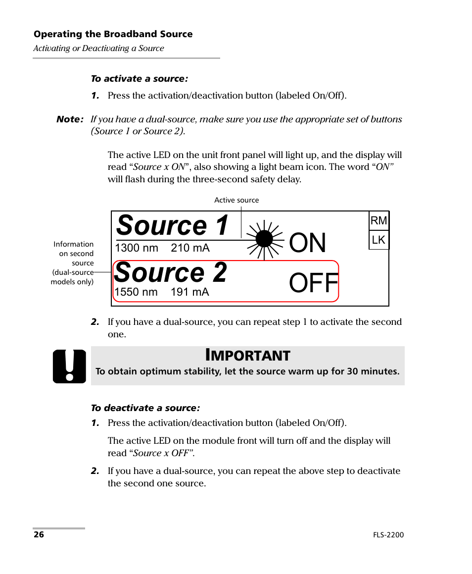 Source 1, Source 2, Mportant | EXFO FLS-2200 Broadband Source User Manual | Page 34 / 183