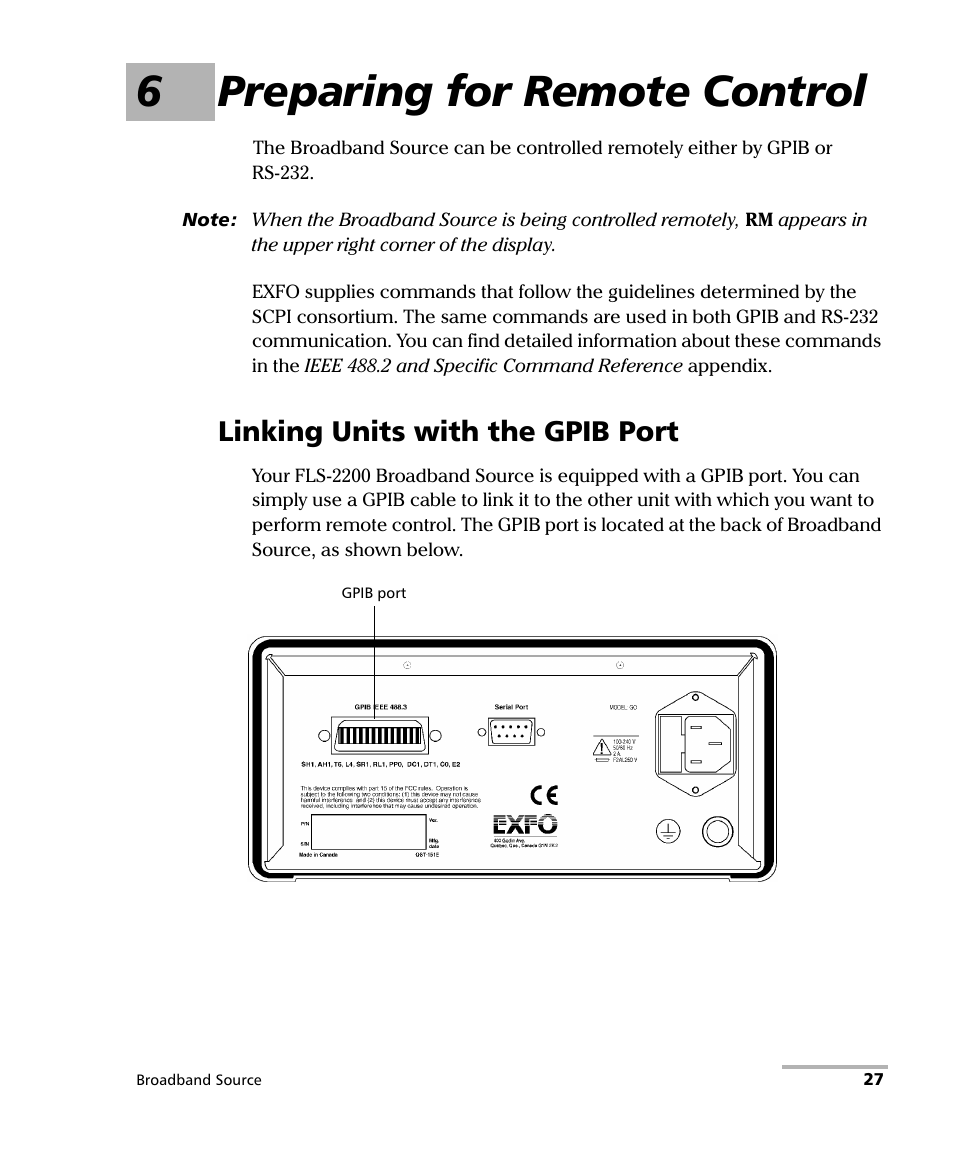6 preparing for remote control, Linking units with the gpib port, 6preparing for remote control | EXFO FLS-2200 Broadband Source User Manual | Page 35 / 183