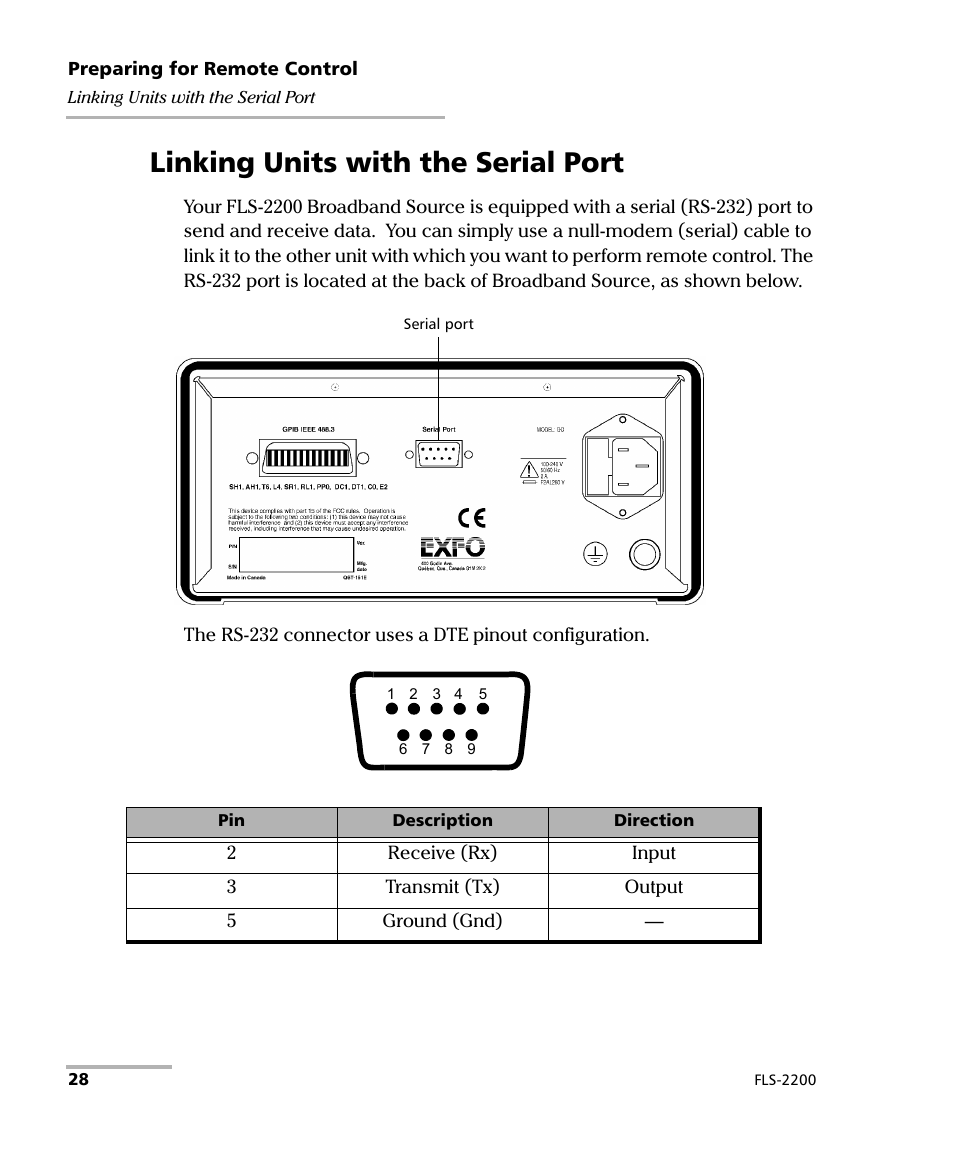 Linking units with the serial port | EXFO FLS-2200 Broadband Source User Manual | Page 36 / 183