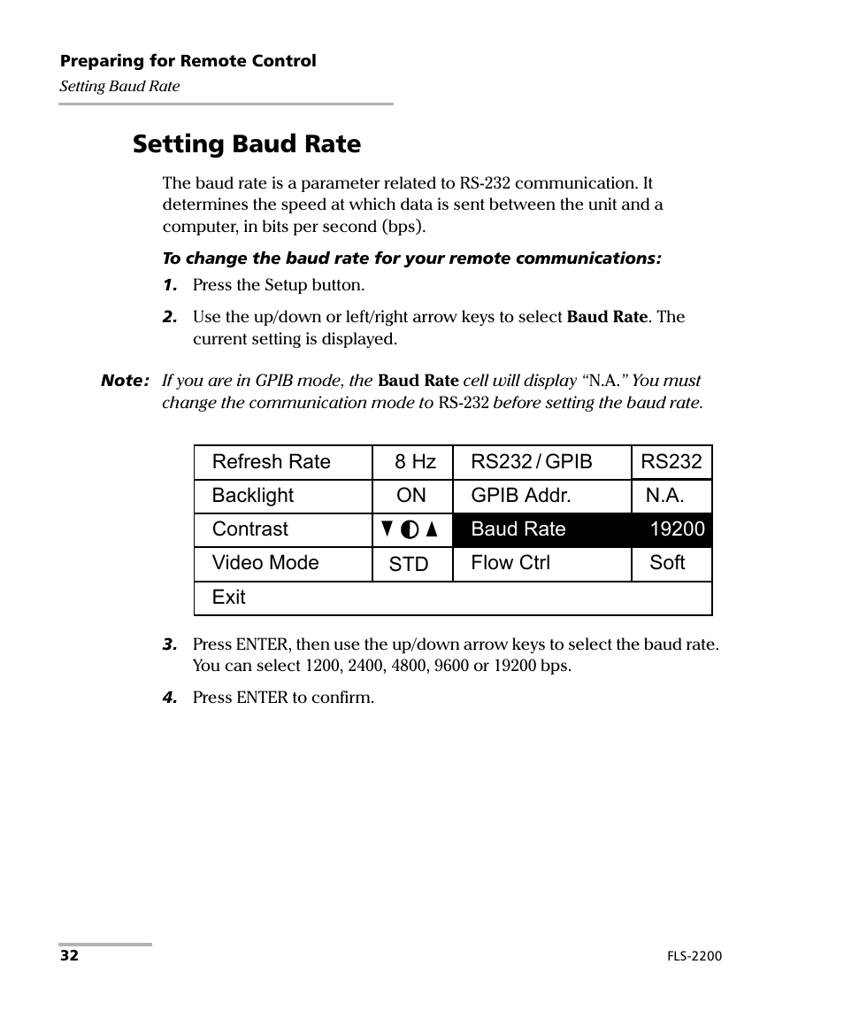 Setting baud rate | EXFO FLS-2200 Broadband Source User Manual | Page 40 / 183