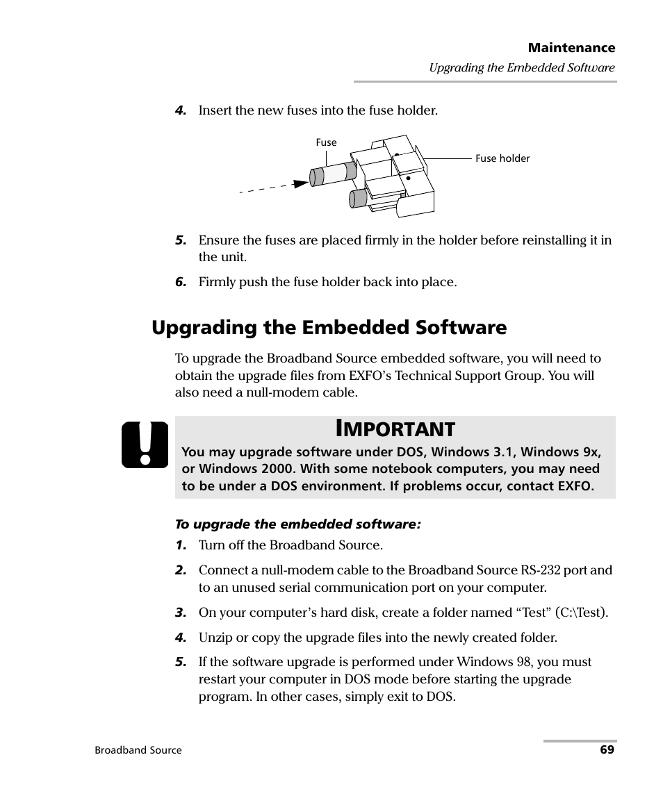 Upgrading the embedded software, Mportant | EXFO FLS-2200 Broadband Source User Manual | Page 77 / 183