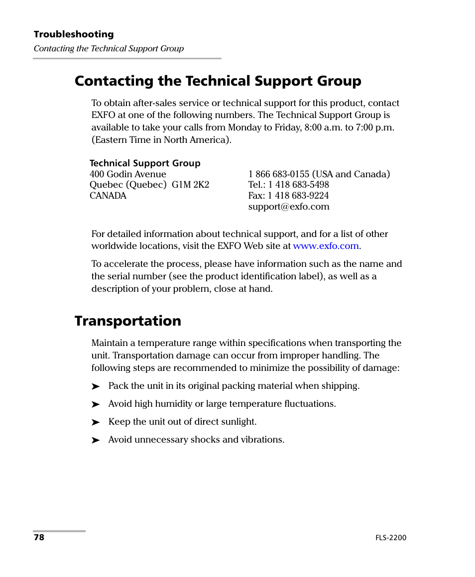Contacting the technical support group, Transportation | EXFO FLS-2200 Broadband Source User Manual | Page 86 / 183