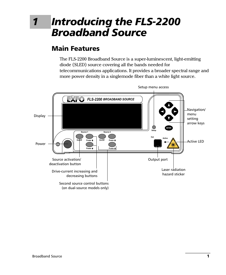 1 introducing the fls-2200 broadband source, Main features | EXFO FLS-2200 Broadband Source User Manual | Page 9 / 183