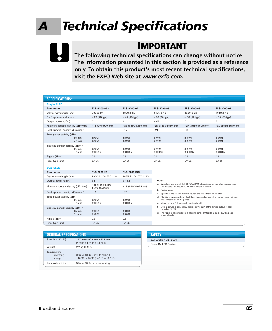 A technical specifications, Mportant, Broadband source | Specifications, General specifications, Safety | EXFO FLS-2200 Broadband Source User Manual | Page 93 / 183