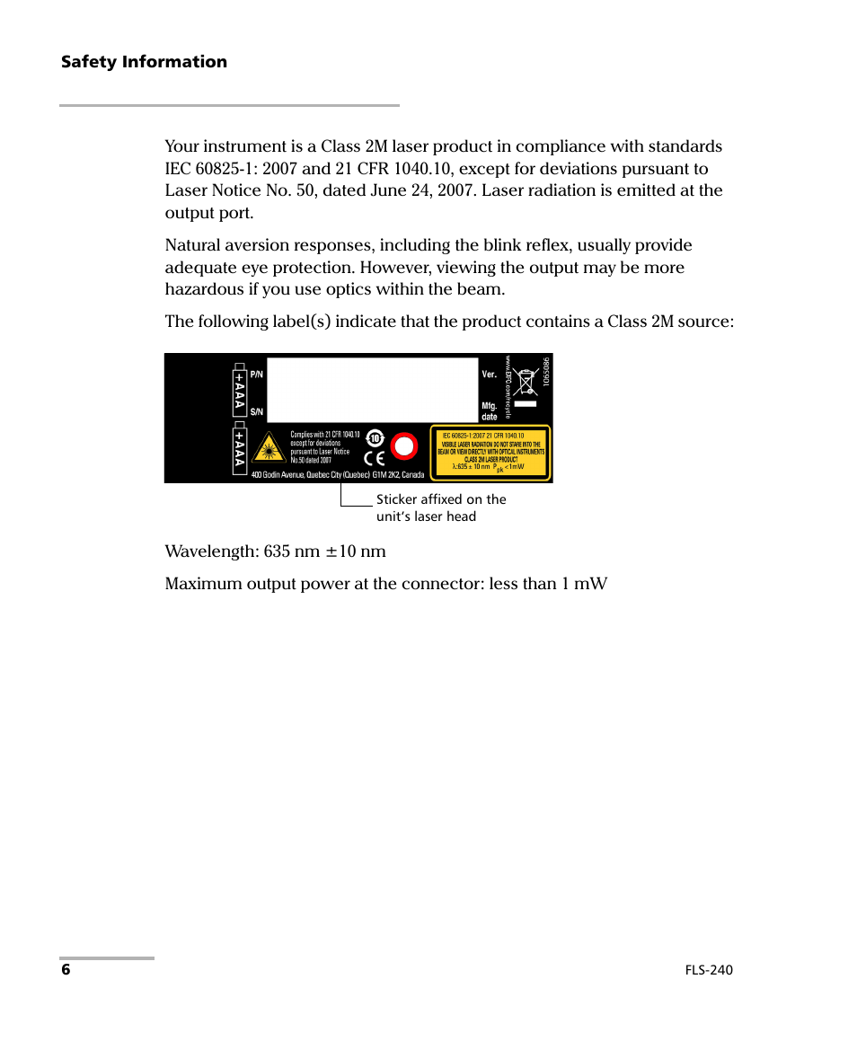 EXFO FLS-240 Pocket Pal Visual Fault Locator User Manual | Page 12 / 28