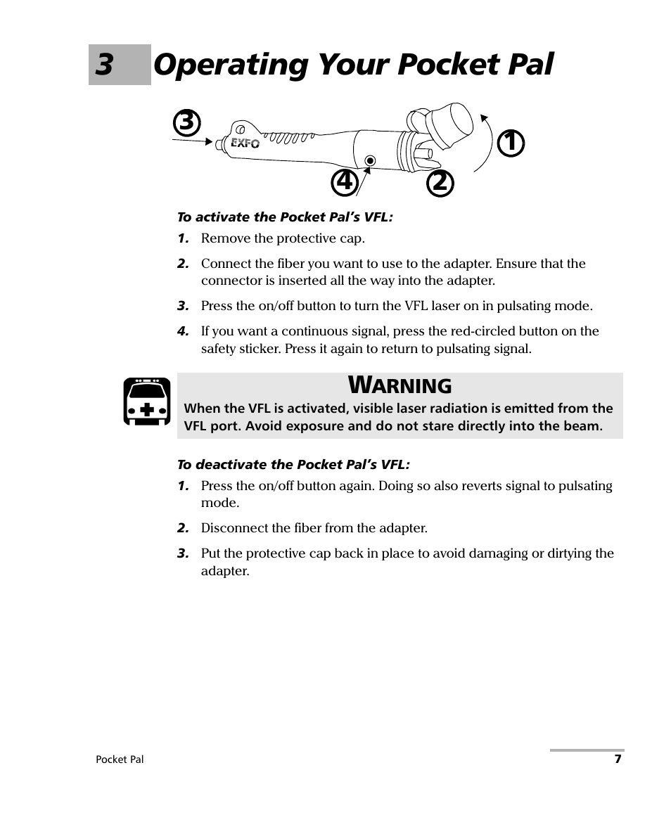 3 operating your pocket pal, 3operating your pocket pal | EXFO FLS-240 Pocket Pal Visual Fault Locator User Manual | Page 13 / 28