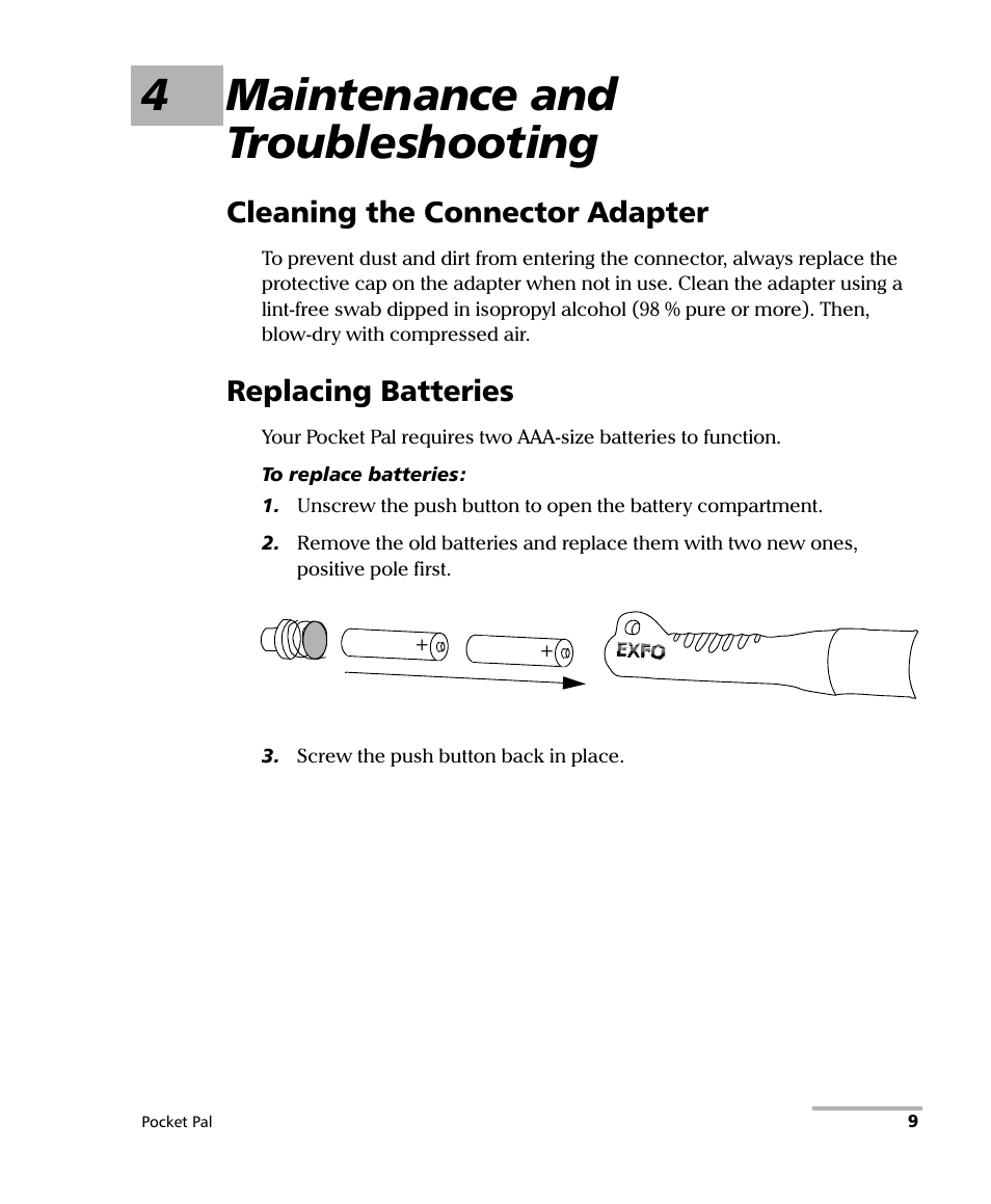 4 maintenance and troubleshooting, Cleaning the connector adapter, Replacing batteries | Cleaning the connector adapter replacing batteries, 4maintenance and troubleshooting | EXFO FLS-240 Pocket Pal Visual Fault Locator User Manual | Page 15 / 28