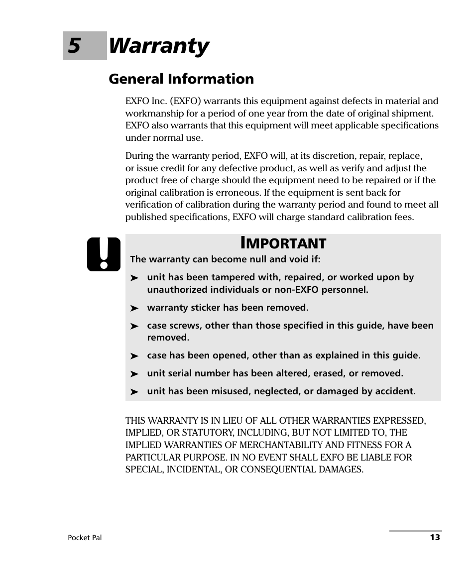 5 warranty, General information, 5warranty | Mportant | EXFO FLS-240 Pocket Pal Visual Fault Locator User Manual | Page 19 / 28