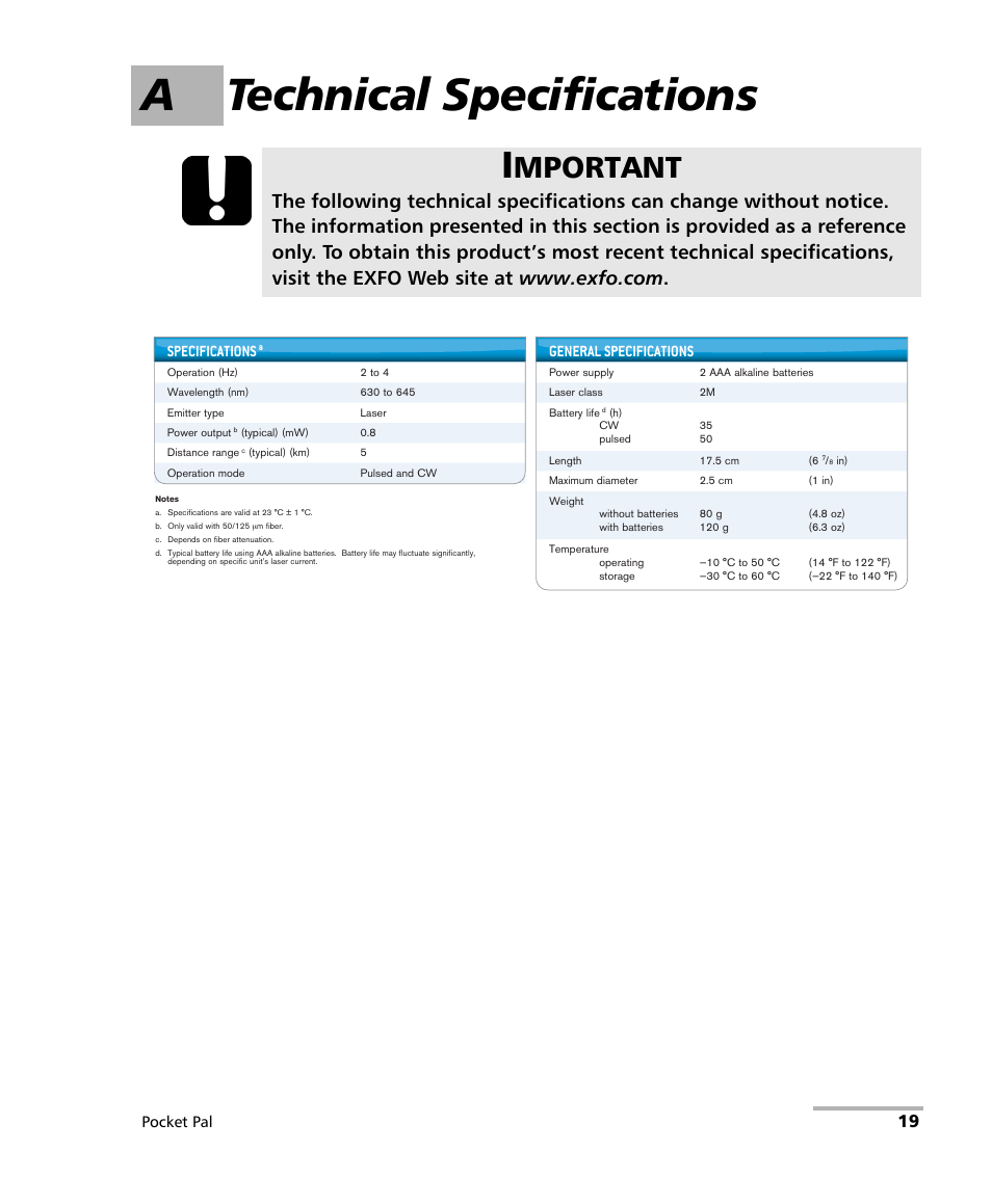 A technical specifications, Mportant, Specifications | General specifications, Pocket pal | EXFO FLS-240 Pocket Pal Visual Fault Locator User Manual | Page 25 / 28