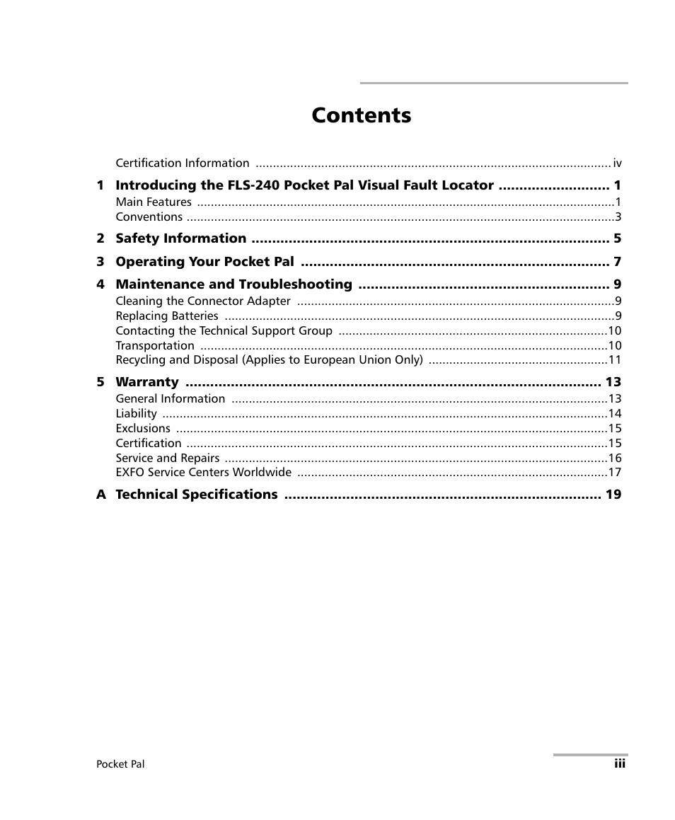 EXFO FLS-240 Pocket Pal Visual Fault Locator User Manual | Page 3 / 28