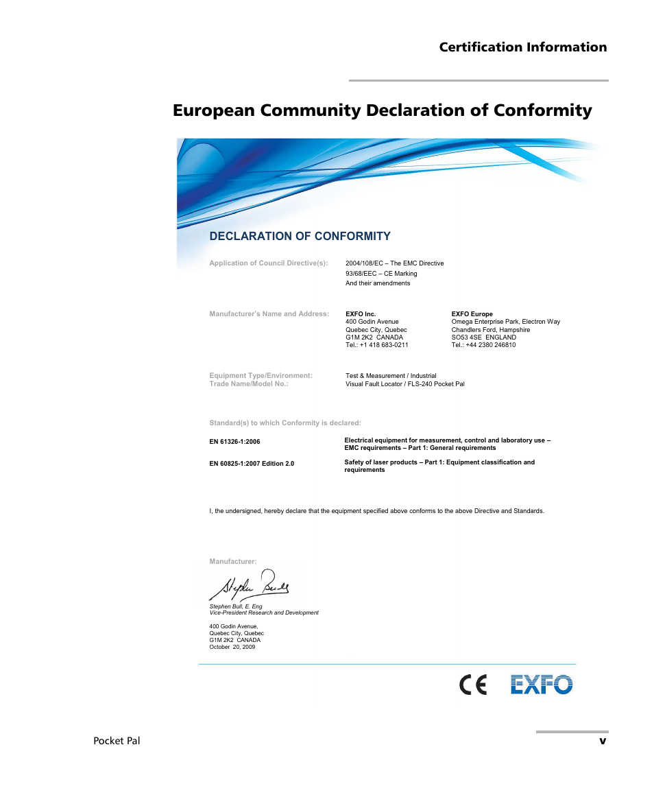 European community declaration of conformity, Certification information, Declaration of conformity | Pocket pal | EXFO FLS-240 Pocket Pal Visual Fault Locator User Manual | Page 5 / 28