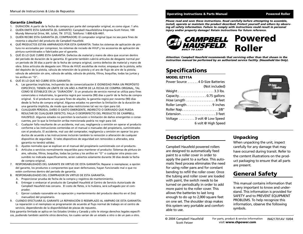 Campbell Hausfeld EZ111A User Manual | 12 pages