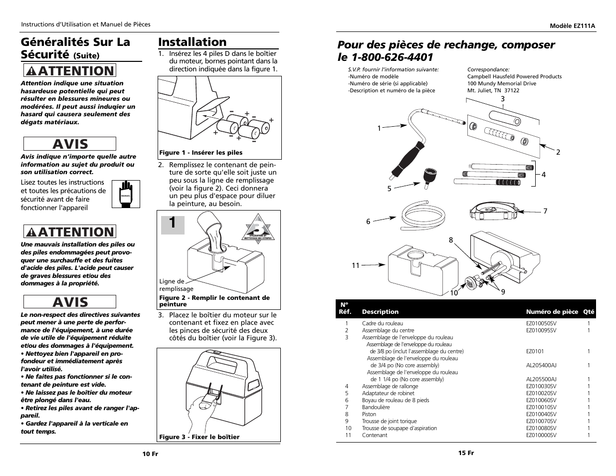 Avis, Attention, Généralités sur la sécurité | Installation | Campbell Hausfeld EZ111A User Manual | Page 10 / 12