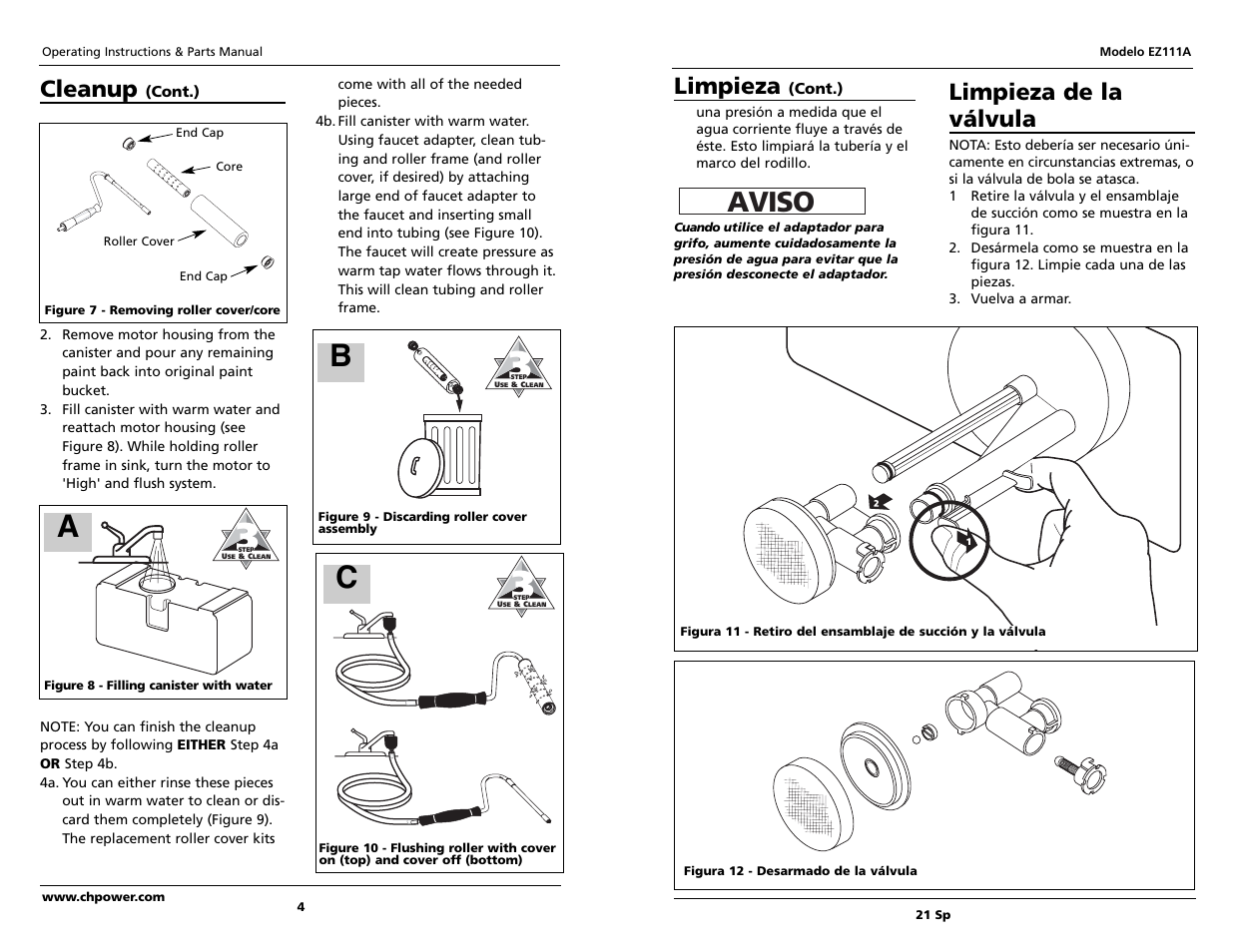 Aviso, Cleanup, Limpieza | Limpieza de la válvula | Campbell Hausfeld EZ111A User Manual | Page 4 / 12