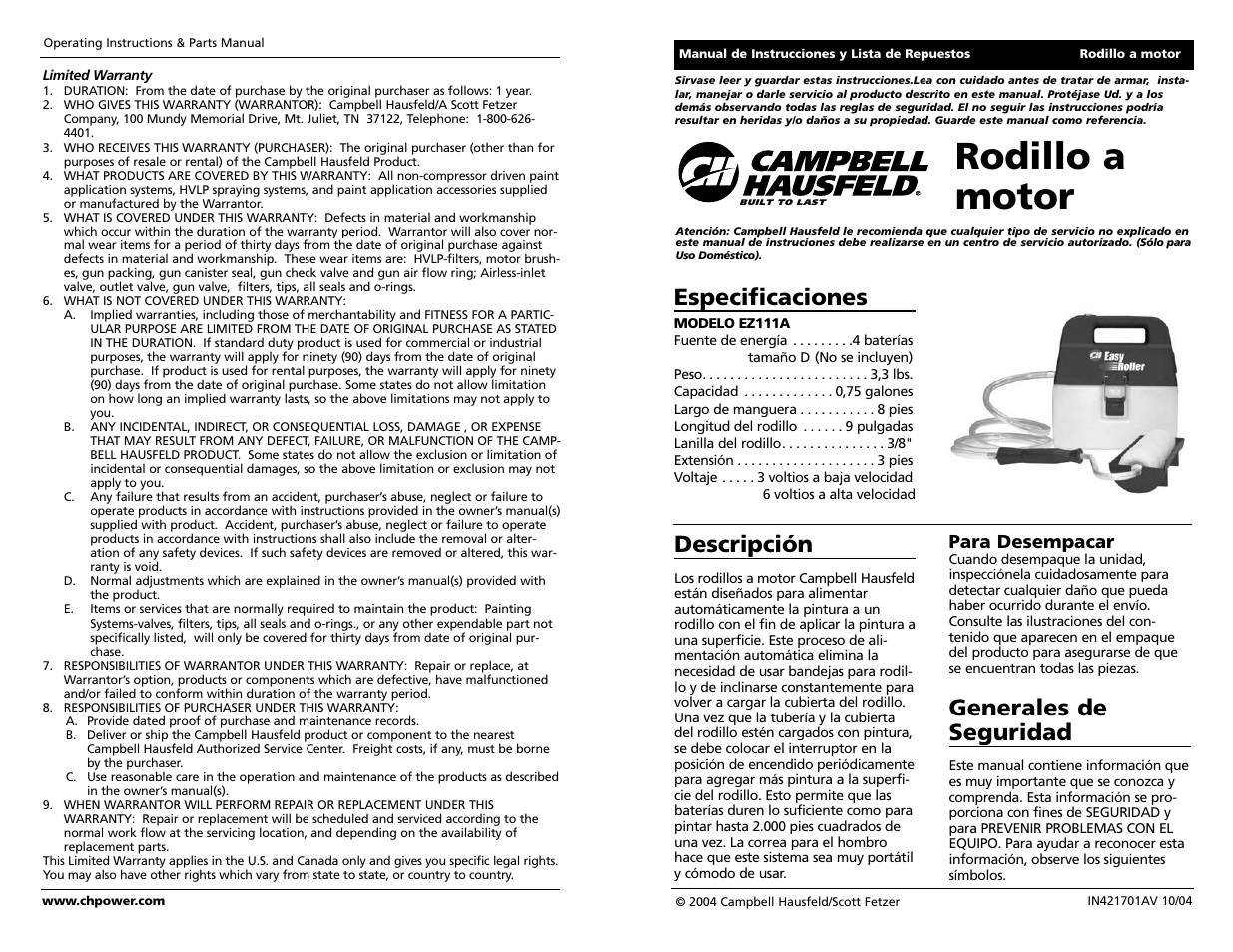 Rodillo a motor, Especificaciones, Generales de seguridad | Descripción, Para desempacar | Campbell Hausfeld EZ111A User Manual | Page 8 / 12