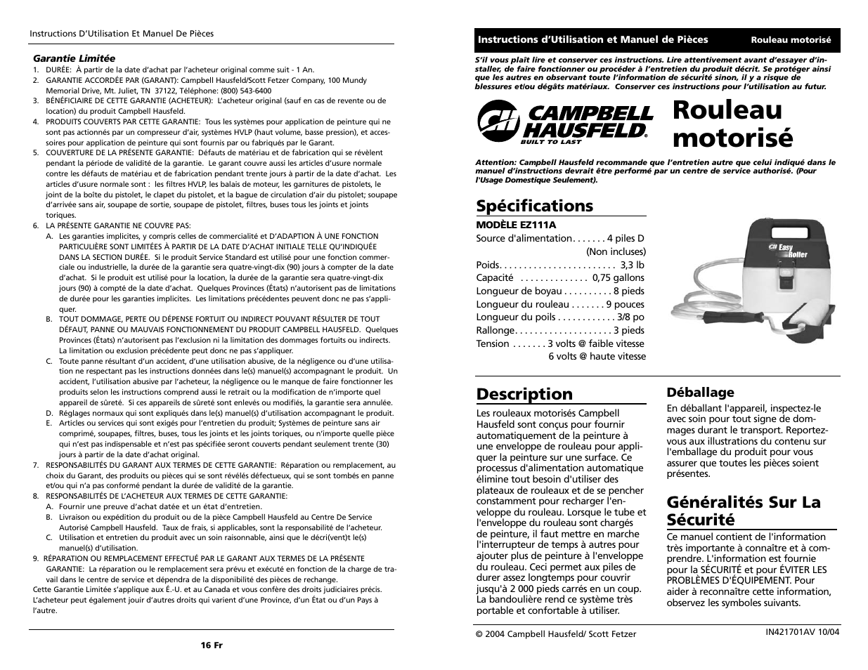 Rouleau motorisé, Spécifications, Description | Généralités sur la sécurité, Déballage | Campbell Hausfeld EZ111A User Manual | Page 9 / 12