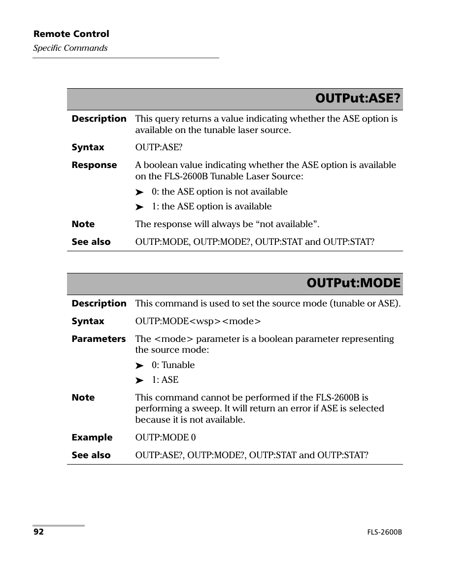 Output:ase, Output:mode | EXFO FLS-2600B Tunable Laser Source User Manual | Page 100 / 157
