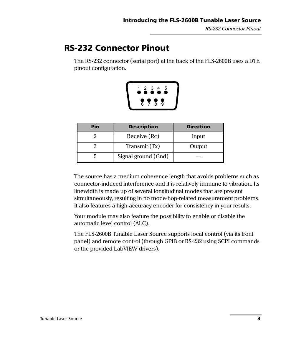 Rs-232 connector pinout | EXFO FLS-2600B Tunable Laser Source User Manual | Page 11 / 157