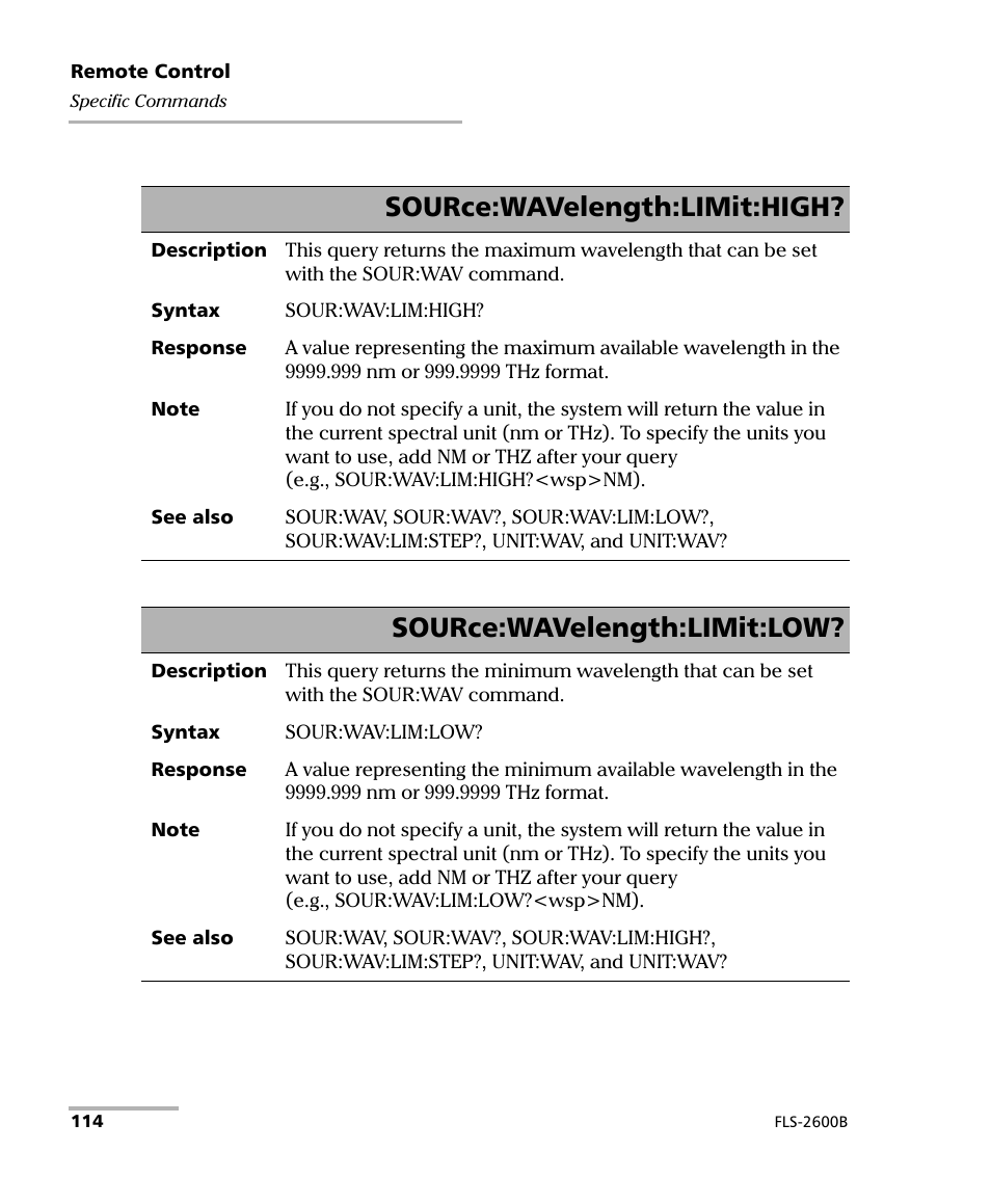Source:wavelength:limit:high, Source:wavelength:limit:low | EXFO FLS-2600B Tunable Laser Source User Manual | Page 122 / 157