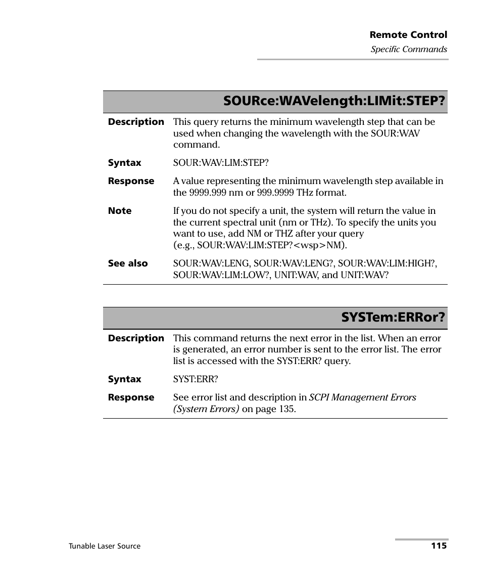Source:wavelength:limit:step, System:error | EXFO FLS-2600B Tunable Laser Source User Manual | Page 123 / 157