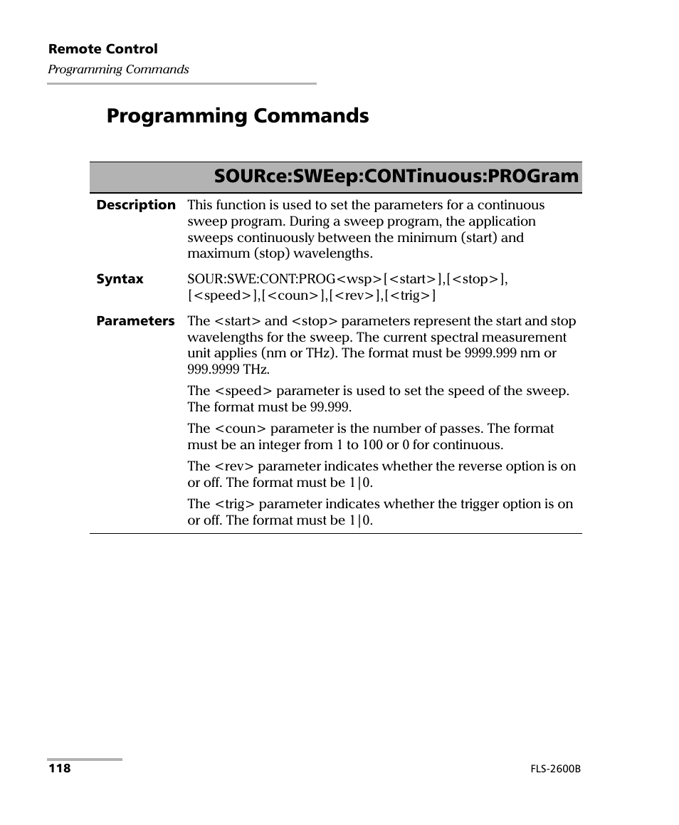 Programming commands, Source:sweep:continuous:program | EXFO FLS-2600B Tunable Laser Source User Manual | Page 126 / 157