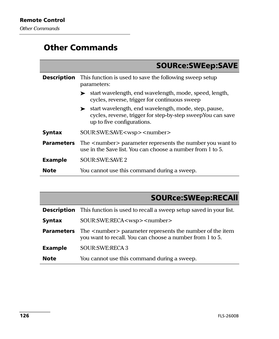 Other commands, Source:sweep:save, Source:sweep:recall | EXFO FLS-2600B Tunable Laser Source User Manual | Page 134 / 157