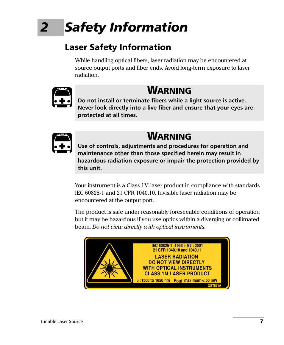 2 safety information, Laser safety information, 2safety information | EXFO FLS-2600B Tunable Laser Source User Manual | Page 15 / 157