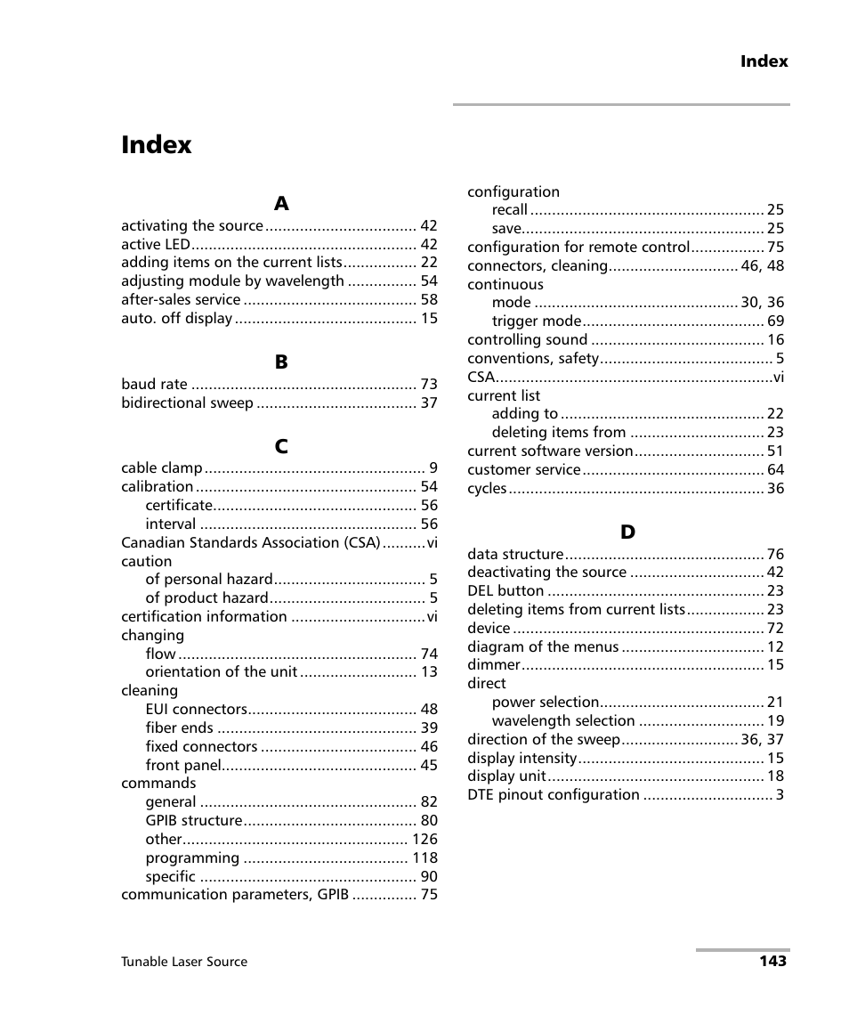 Index | EXFO FLS-2600B Tunable Laser Source User Manual | Page 151 / 157