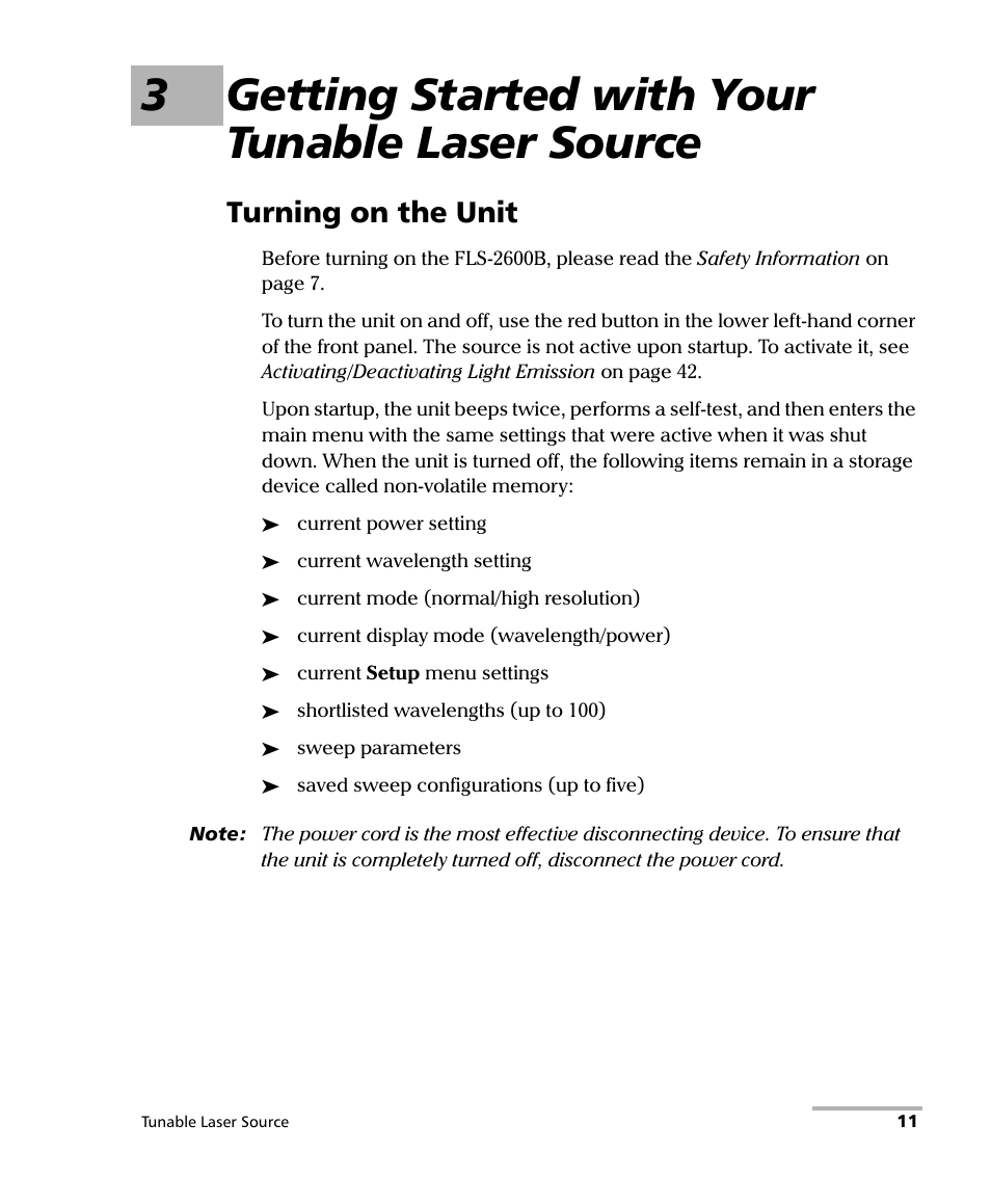 3 getting started with your tunable laser source, Turning on the unit, 3getting started with your tunable laser source | EXFO FLS-2600B Tunable Laser Source User Manual | Page 19 / 157