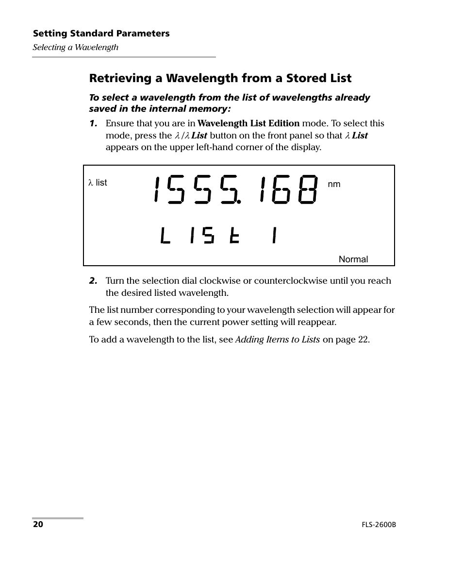 Retrieving a wavelength from a stored list | EXFO FLS-2600B Tunable Laser Source User Manual | Page 28 / 157