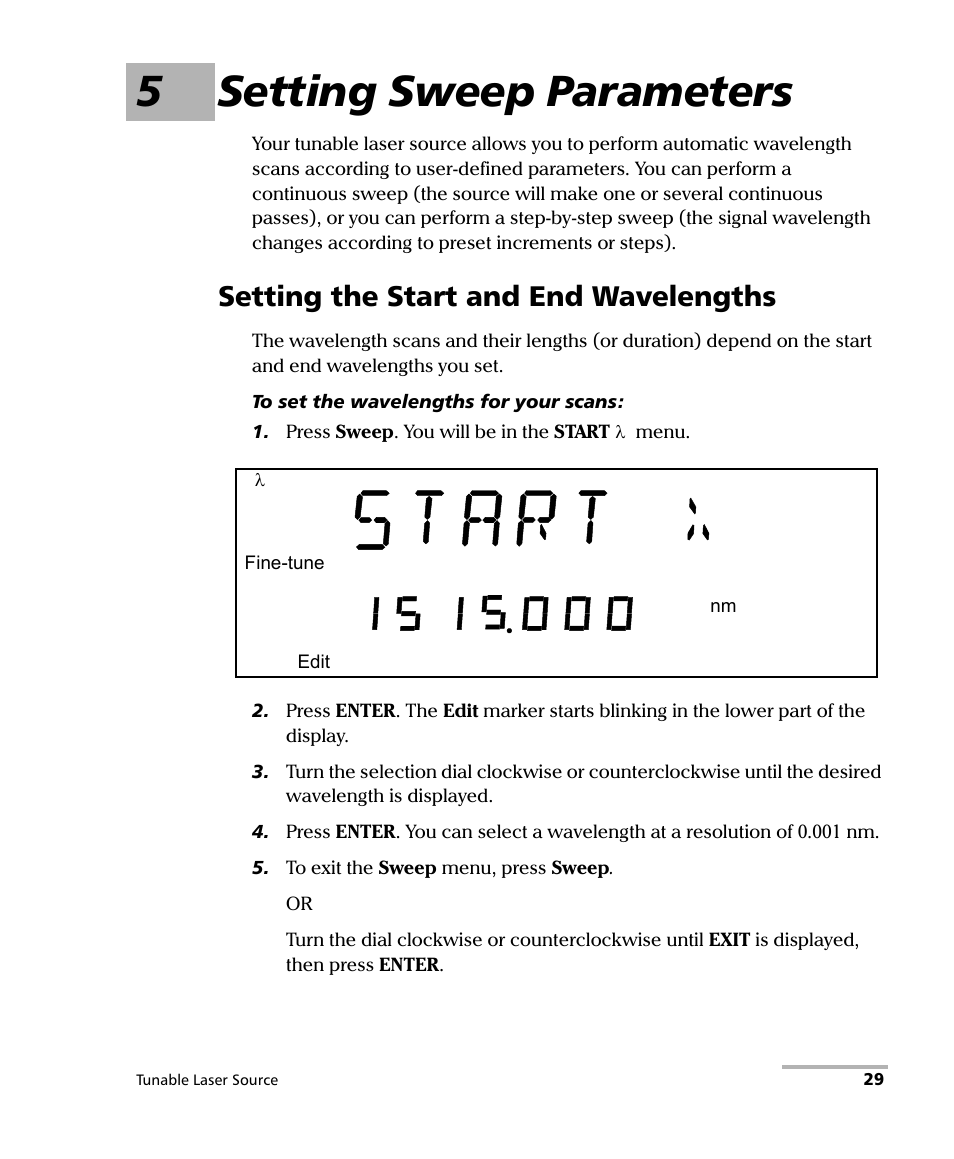 5 setting sweep parameters, Setting the start and end wavelengths, 5setting sweep parameters | EXFO FLS-2600B Tunable Laser Source User Manual | Page 37 / 157