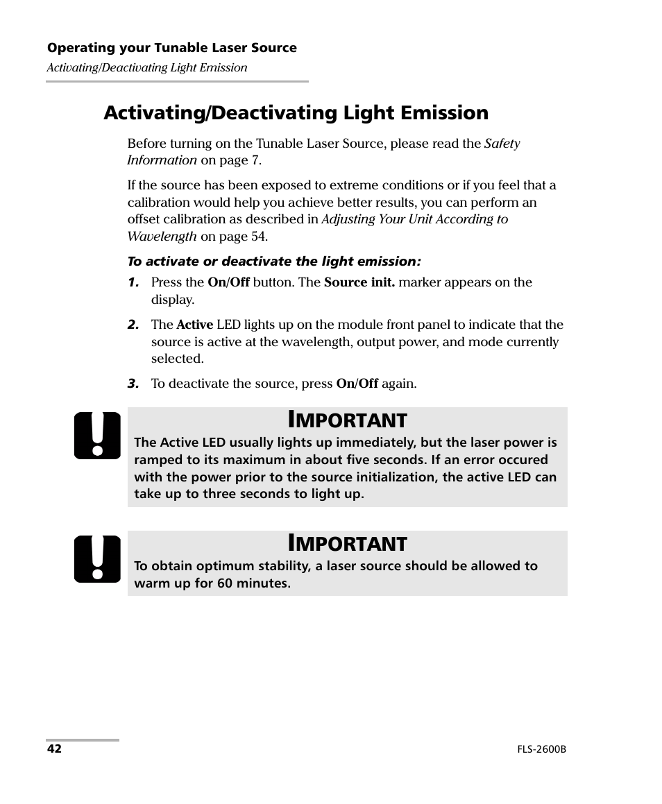 Activating/deactivating light emission, Mportant | EXFO FLS-2600B Tunable Laser Source User Manual | Page 50 / 157