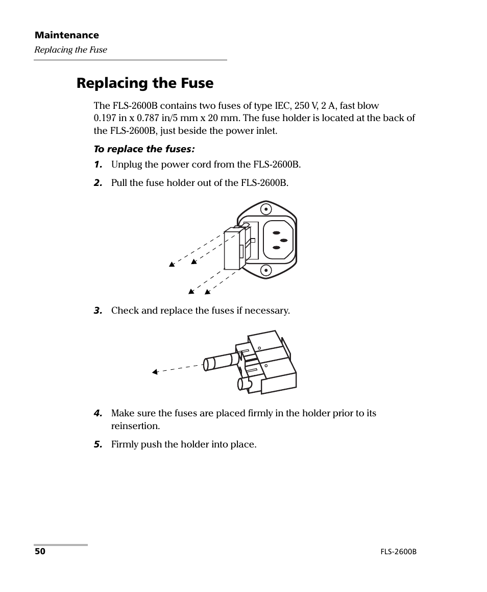 Replacing the fuse | EXFO FLS-2600B Tunable Laser Source User Manual | Page 58 / 157