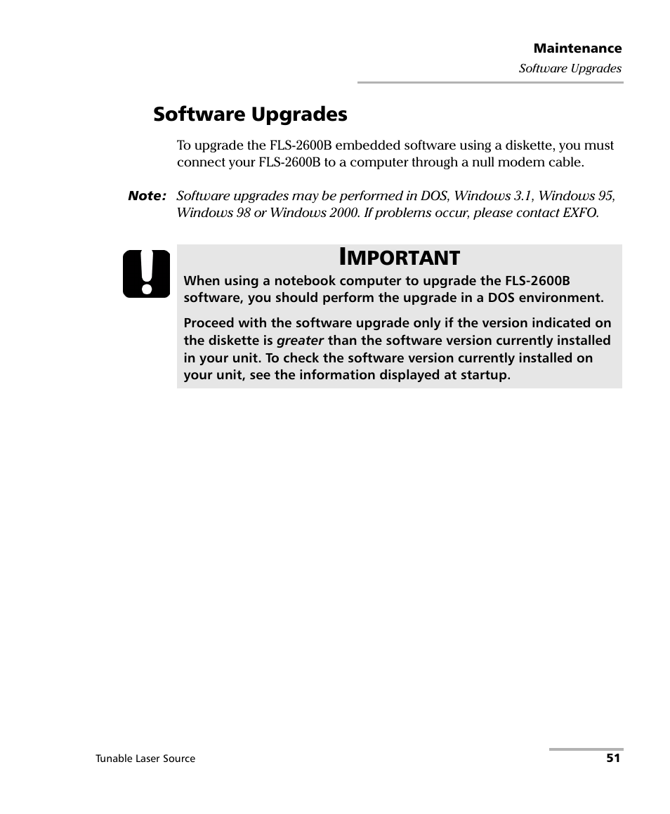 Software upgrades, Mportant | EXFO FLS-2600B Tunable Laser Source User Manual | Page 59 / 157