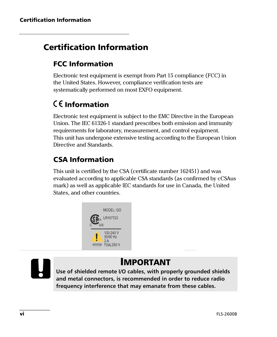 Certification information, Mportant | EXFO FLS-2600B Tunable Laser Source User Manual | Page 6 / 157