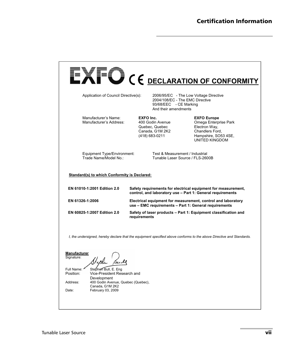 Declaration of conformity, Certification information | EXFO FLS-2600B Tunable Laser Source User Manual | Page 7 / 157