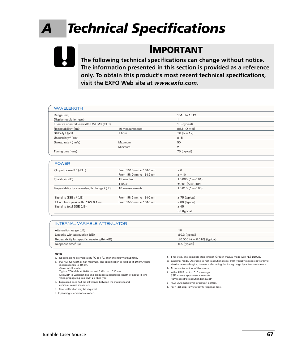 A technical specifications, Mportant, Tunable laser source | EXFO FLS-2600B Tunable Laser Source User Manual | Page 75 / 157