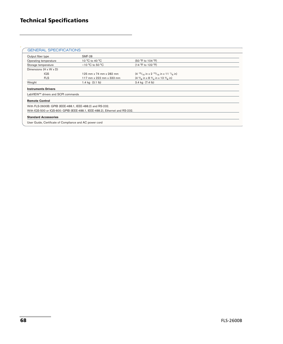 Technical specifications, Fls-2600b | EXFO FLS-2600B Tunable Laser Source User Manual | Page 76 / 157