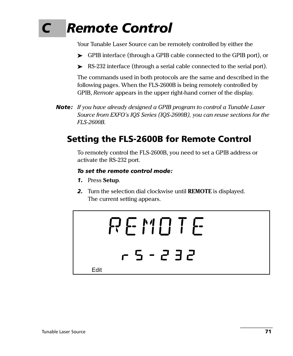 C remote control, Setting the fls-2600b for remote control | EXFO FLS-2600B Tunable Laser Source User Manual | Page 79 / 157
