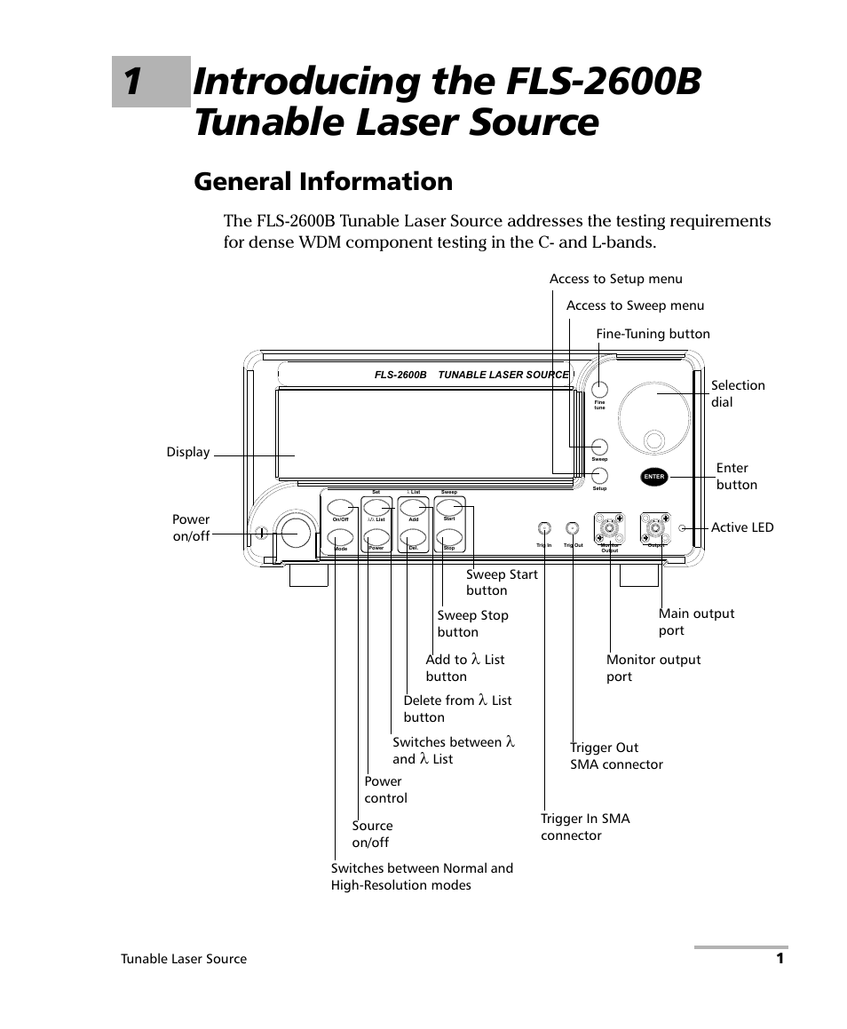 1 introducing the fls-2600b tunable laser source, General information | EXFO FLS-2600B Tunable Laser Source User Manual | Page 9 / 157