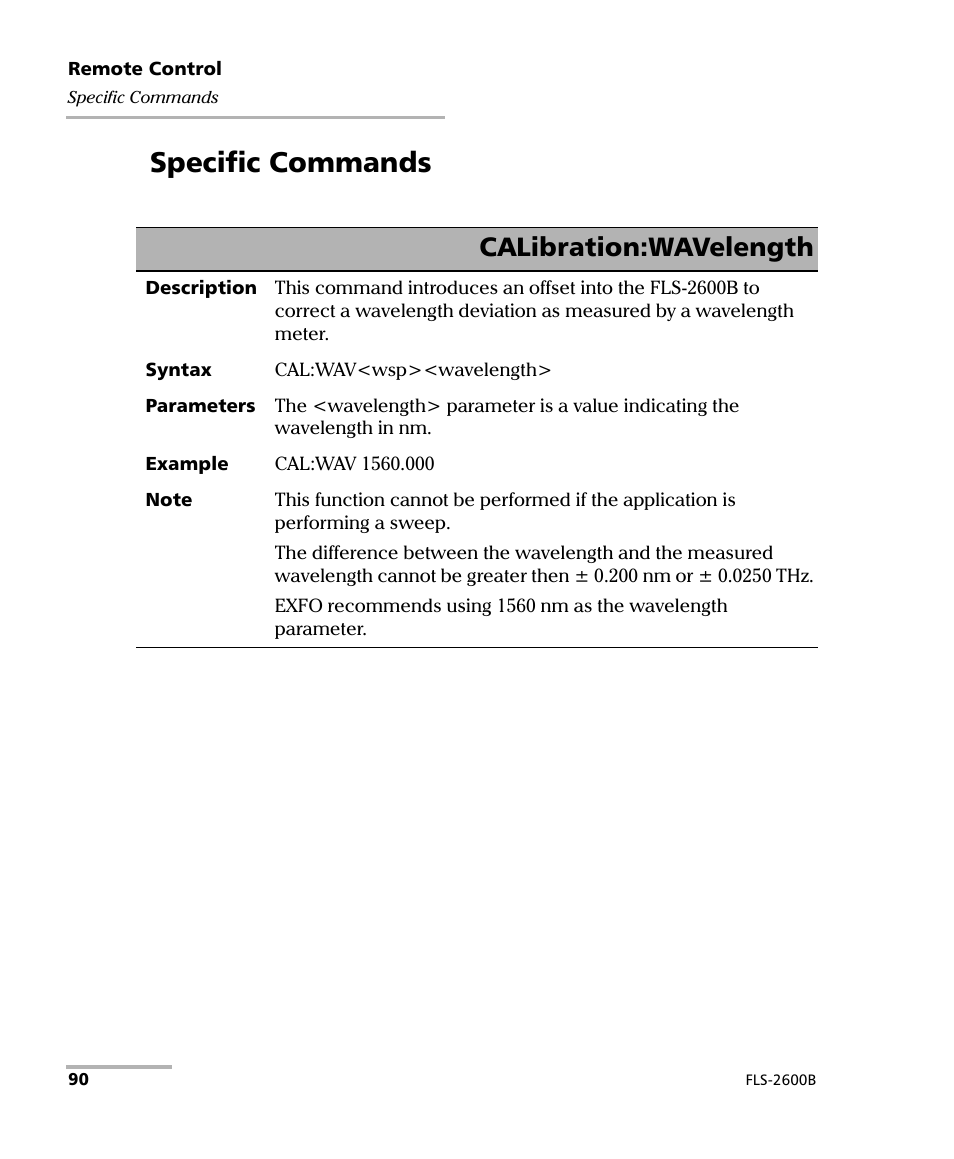 Specific commands, Calibration:wavelength | EXFO FLS-2600B Tunable Laser Source User Manual | Page 98 / 157