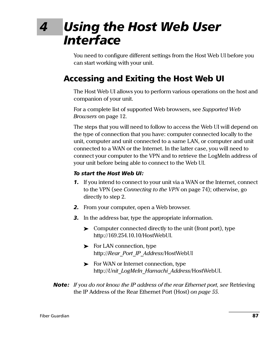 4 using the host web user interface, Accessing and exiting the host web ui, Accessing and | 4using the host web user interface | EXFO FG-750 User Manual | Page 101 / 338