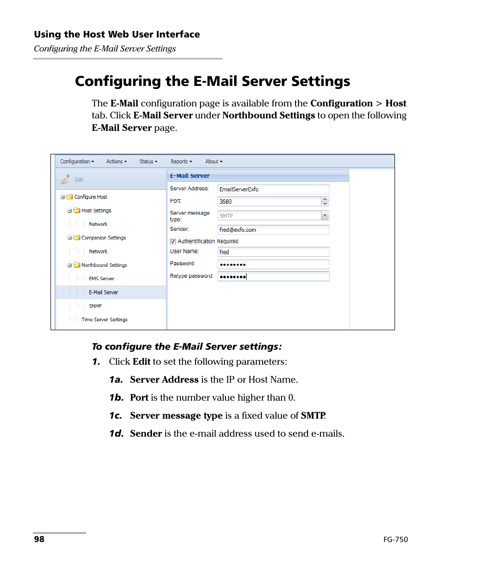 Configuring the e-mail server settings | EXFO FG-750 User Manual | Page 112 / 338