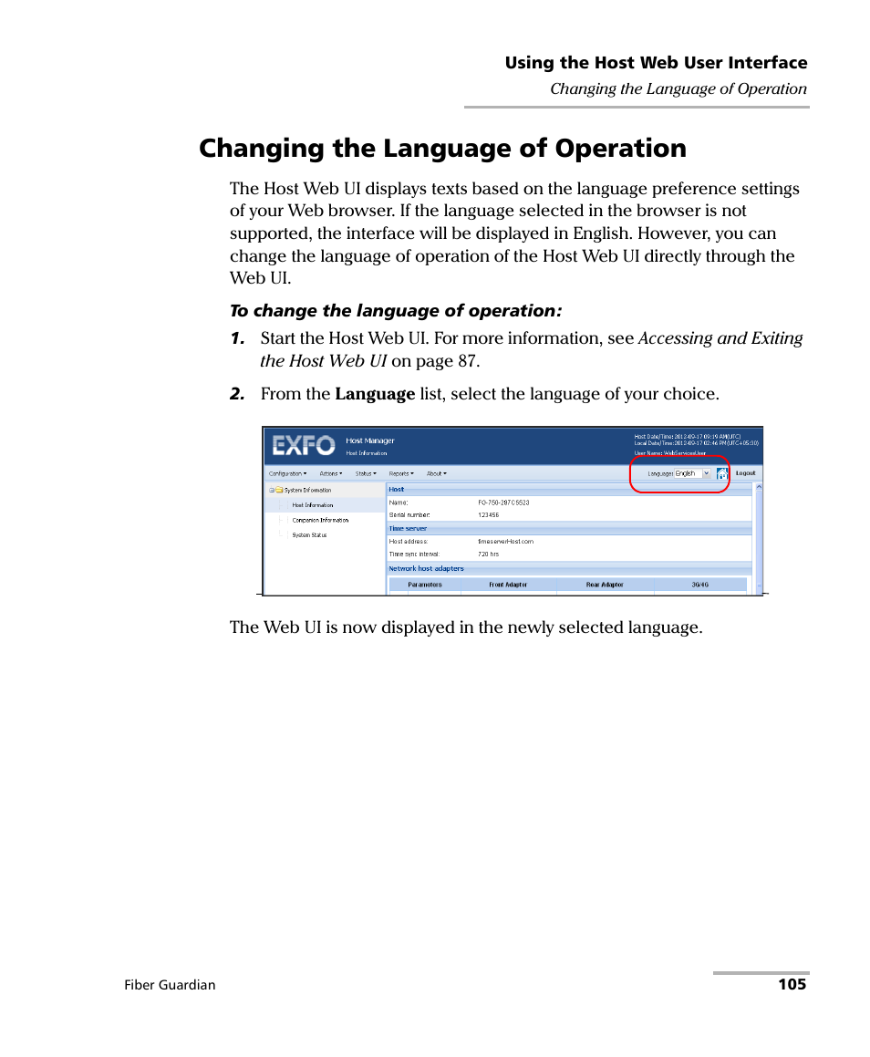 Changing the language of operation | EXFO FG-750 User Manual | Page 119 / 338