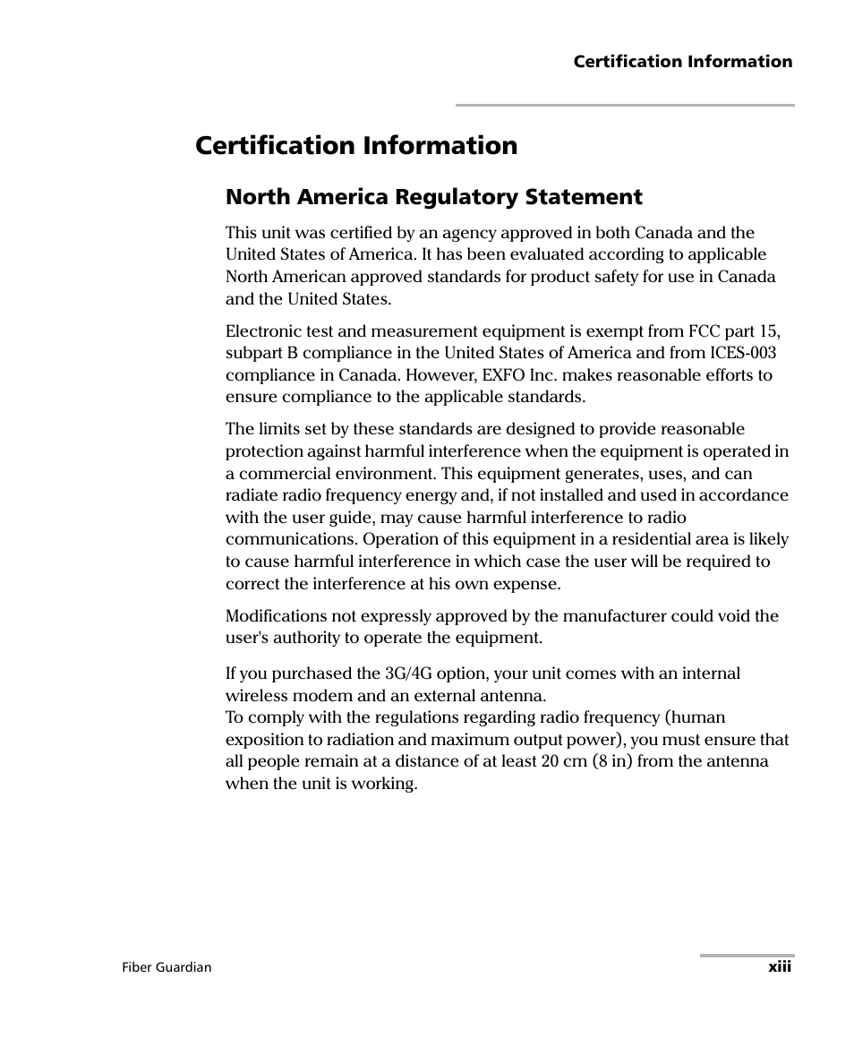 Certification information, North america regulatory statement | EXFO FG-750 User Manual | Page 13 / 338