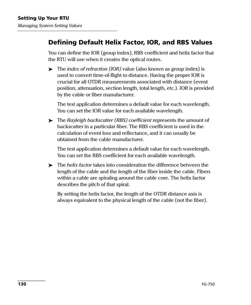 Defining default helix factor, ior, and rbs values | EXFO FG-750 User Manual | Page 144 / 338