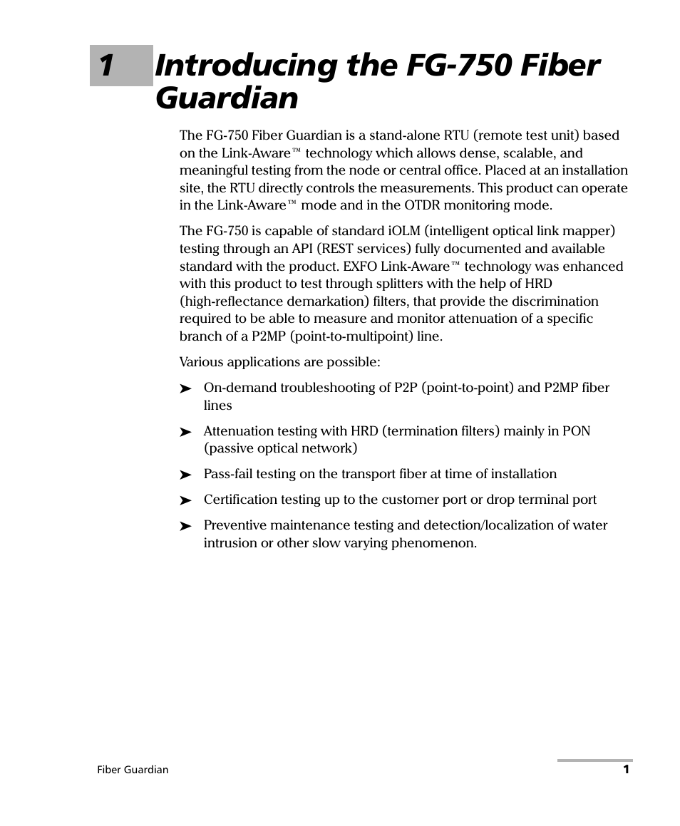 1 introducing the fg-750 fiber guardian, 1introducing the fg-750 fiber guardian | EXFO FG-750 User Manual | Page 15 / 338