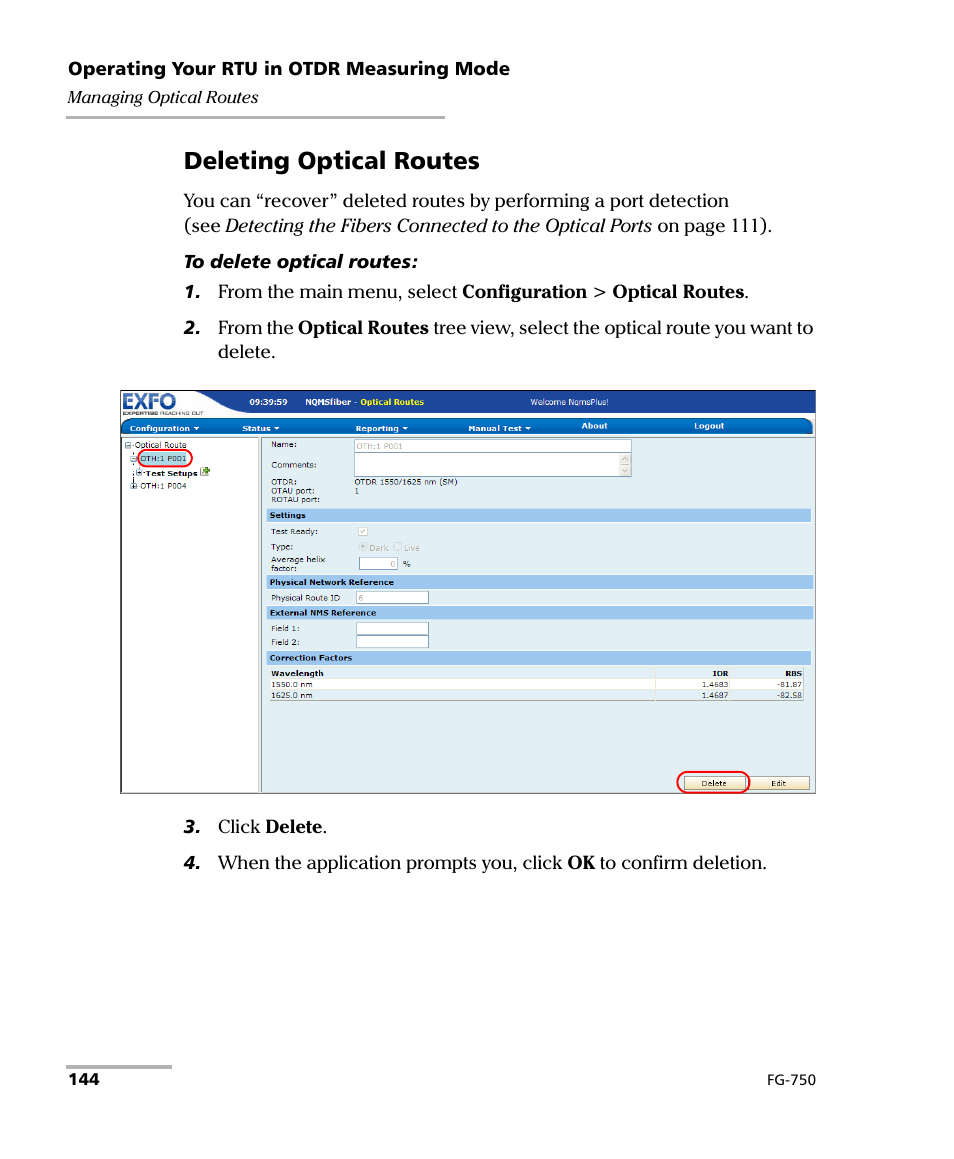 Deleting optical routes | EXFO FG-750 User Manual | Page 158 / 338