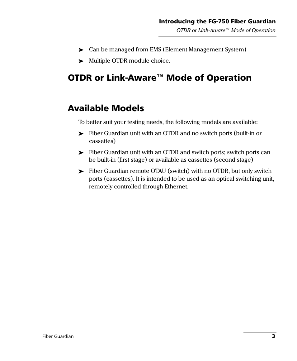 Otdr or link-aware™ mode of operation, Available models | EXFO FG-750 User Manual | Page 17 / 338