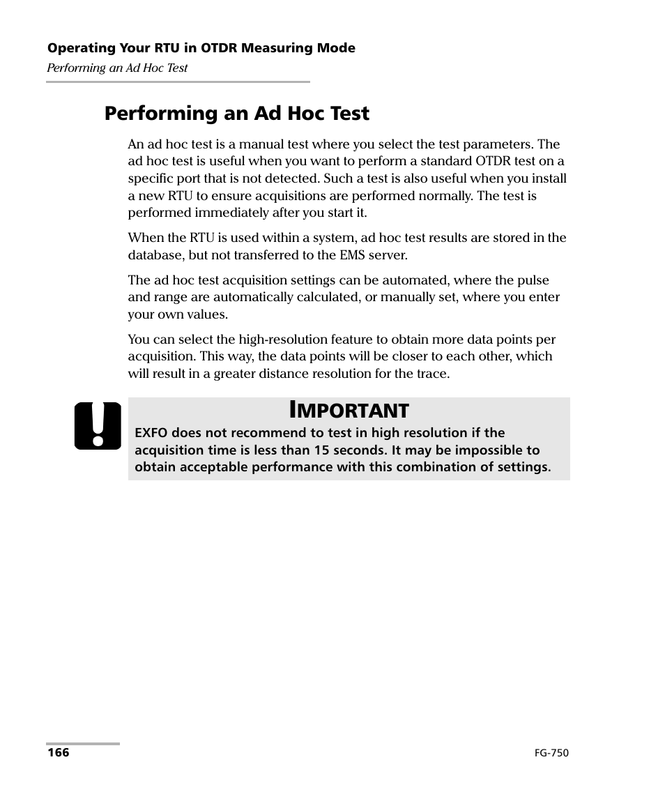 Performing an ad hoc test, Mportant | EXFO FG-750 User Manual | Page 180 / 338